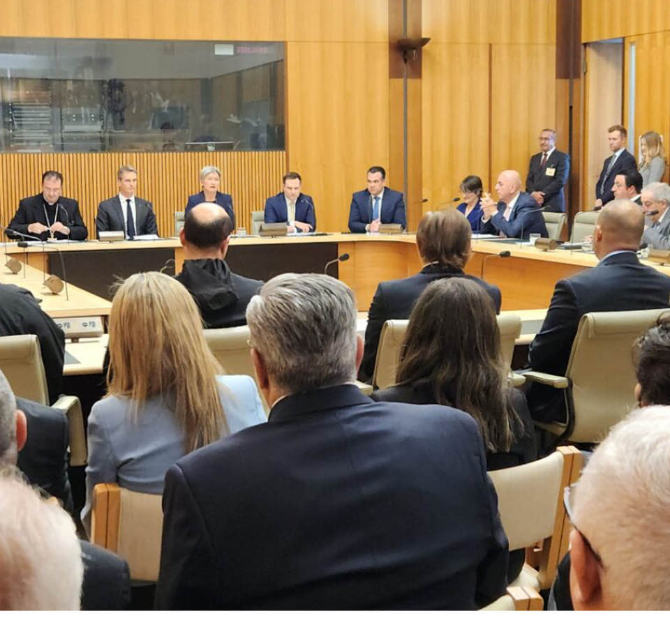 MPs Andrew Charlton, Penny Wong, Alex Hawke, and Michael Sukkar at the Maronite Forum in Parliament House, Canberra, alongside Maronite community leaders.